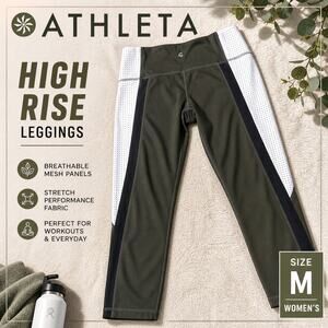 Athleta Olive Green High Rise Leggings Colorblock Mesh Panels Size M